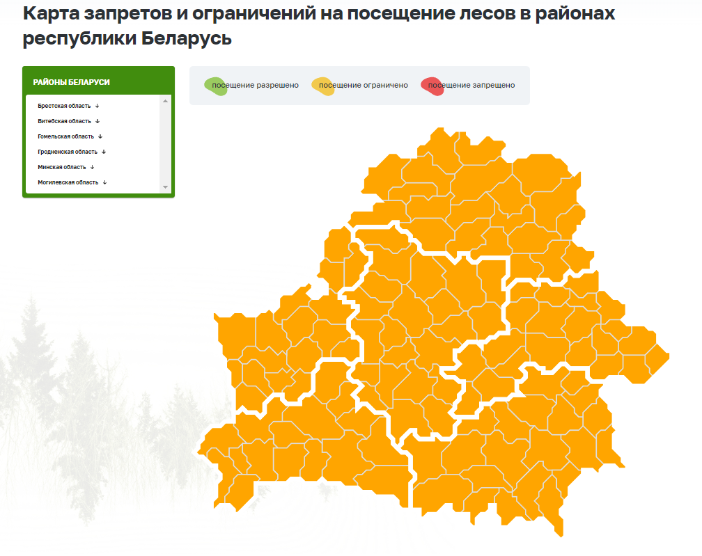 Карта запретов и ограничений на посещение лесов в районах республики  Беларусь от 01.05.2024 - disnales.by